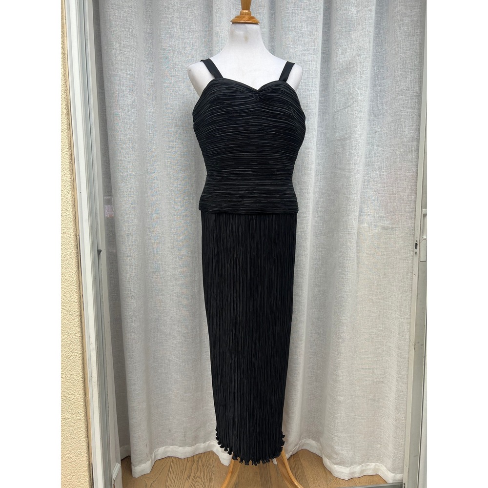 Pierre Labiche black Fortuny style pleats plisse midi straps evening dress